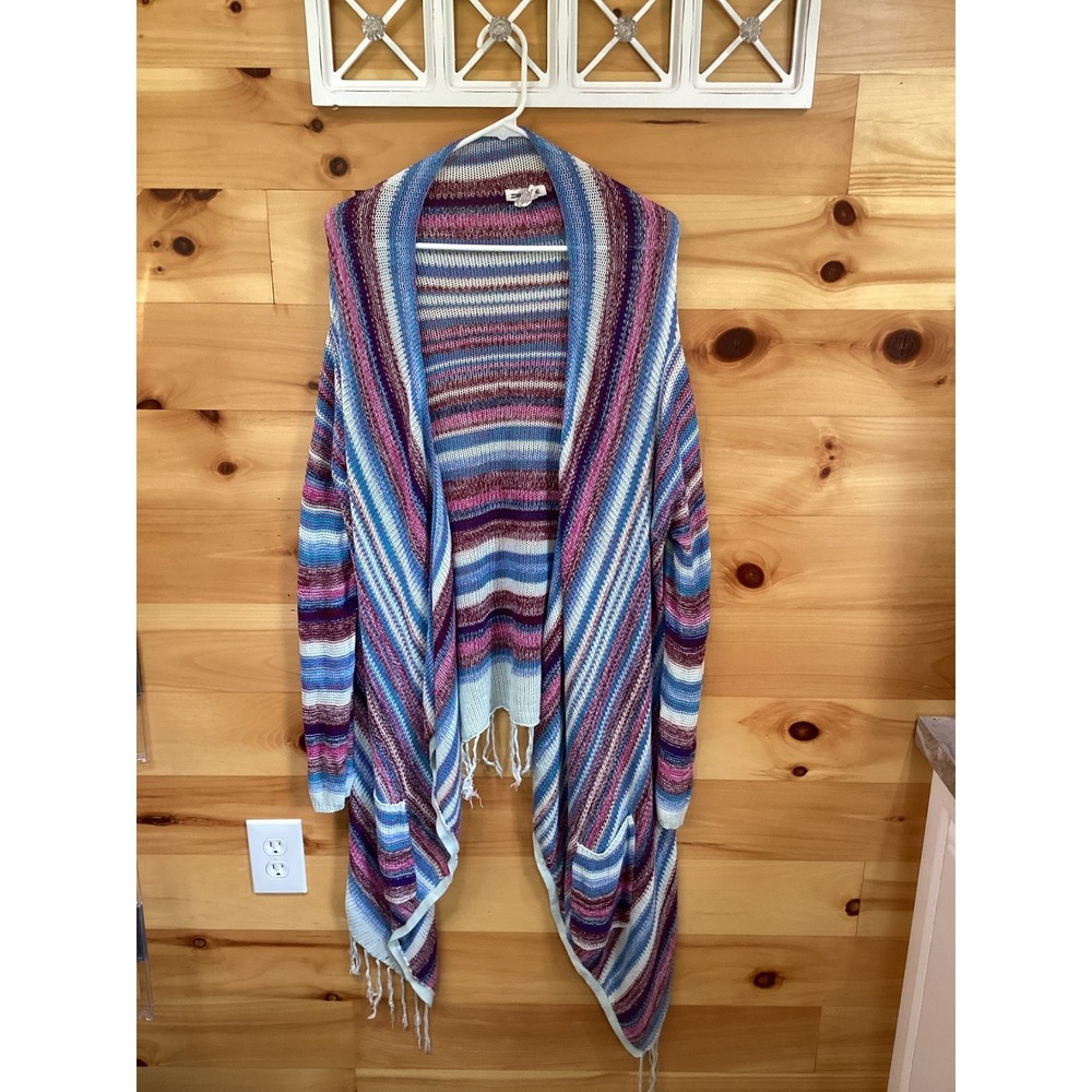 Billabong Womens XL Striped Boho Fringe Open Front Cardigan Sweater Blue Purple
